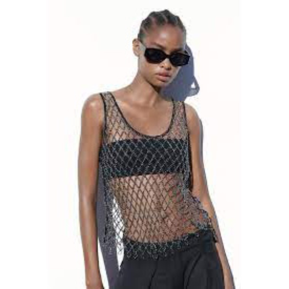 Zara rhinestone jeweled mesh tank top fishnet size XS - S Black